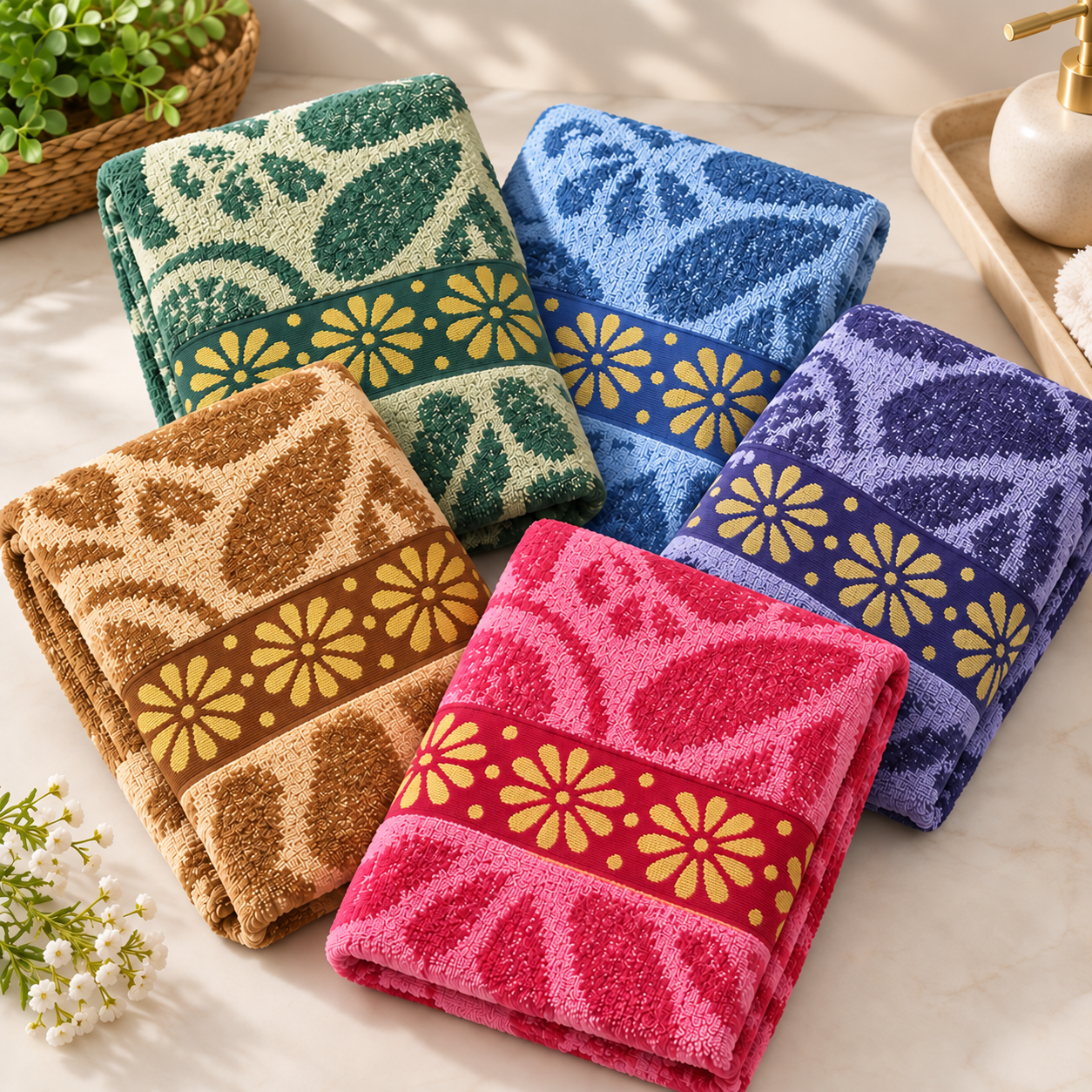 Composição com as toalhas Belora em estampas e cores sortidas