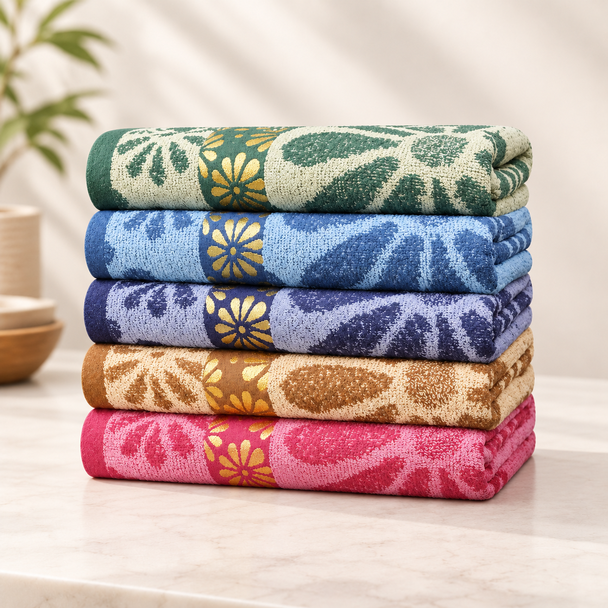 Kit 5 Toalhas de Banho Grande Estampada empilhadas, estampas florais coloridas