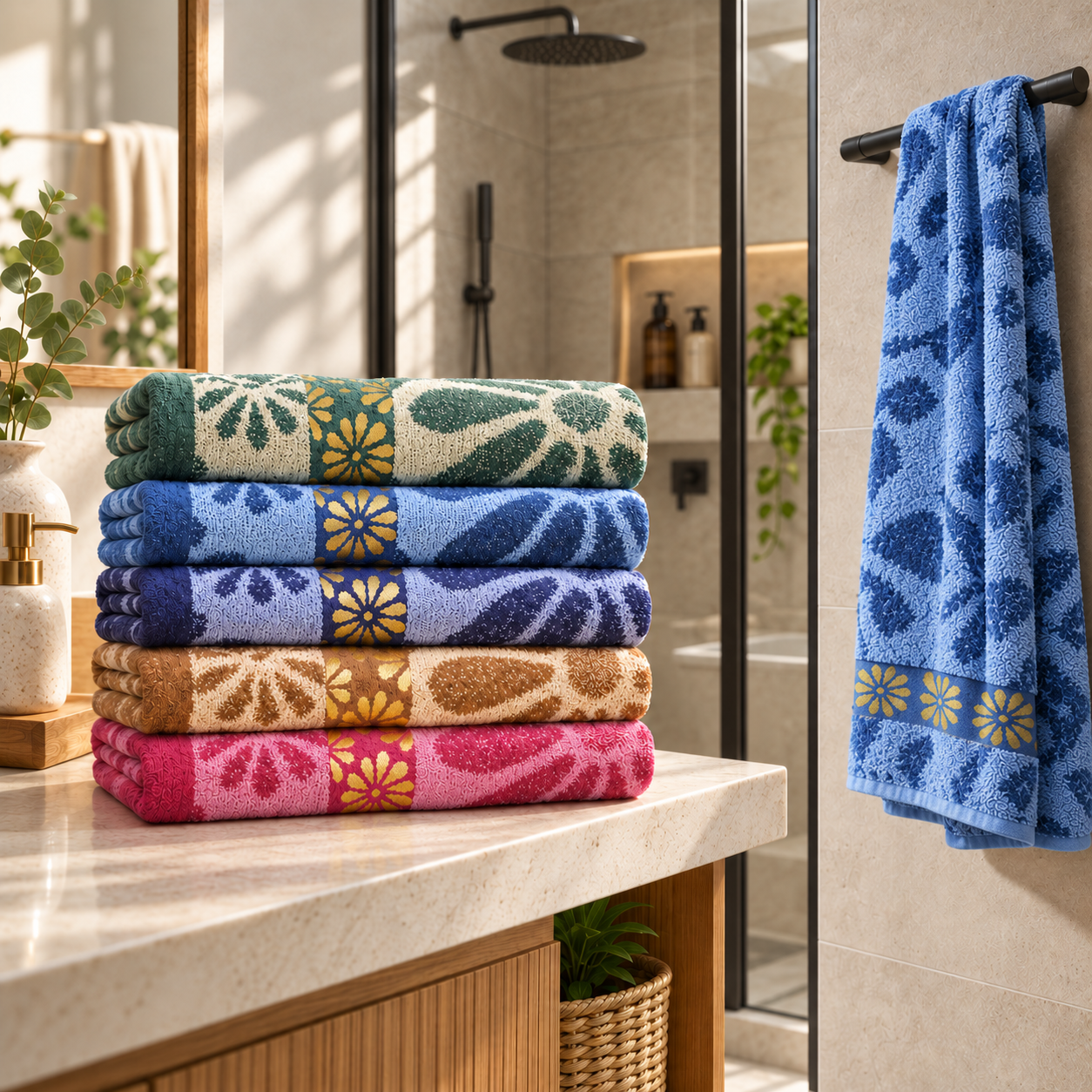 Kit 5 Toalhas Estampadas em ambiente de banheiro