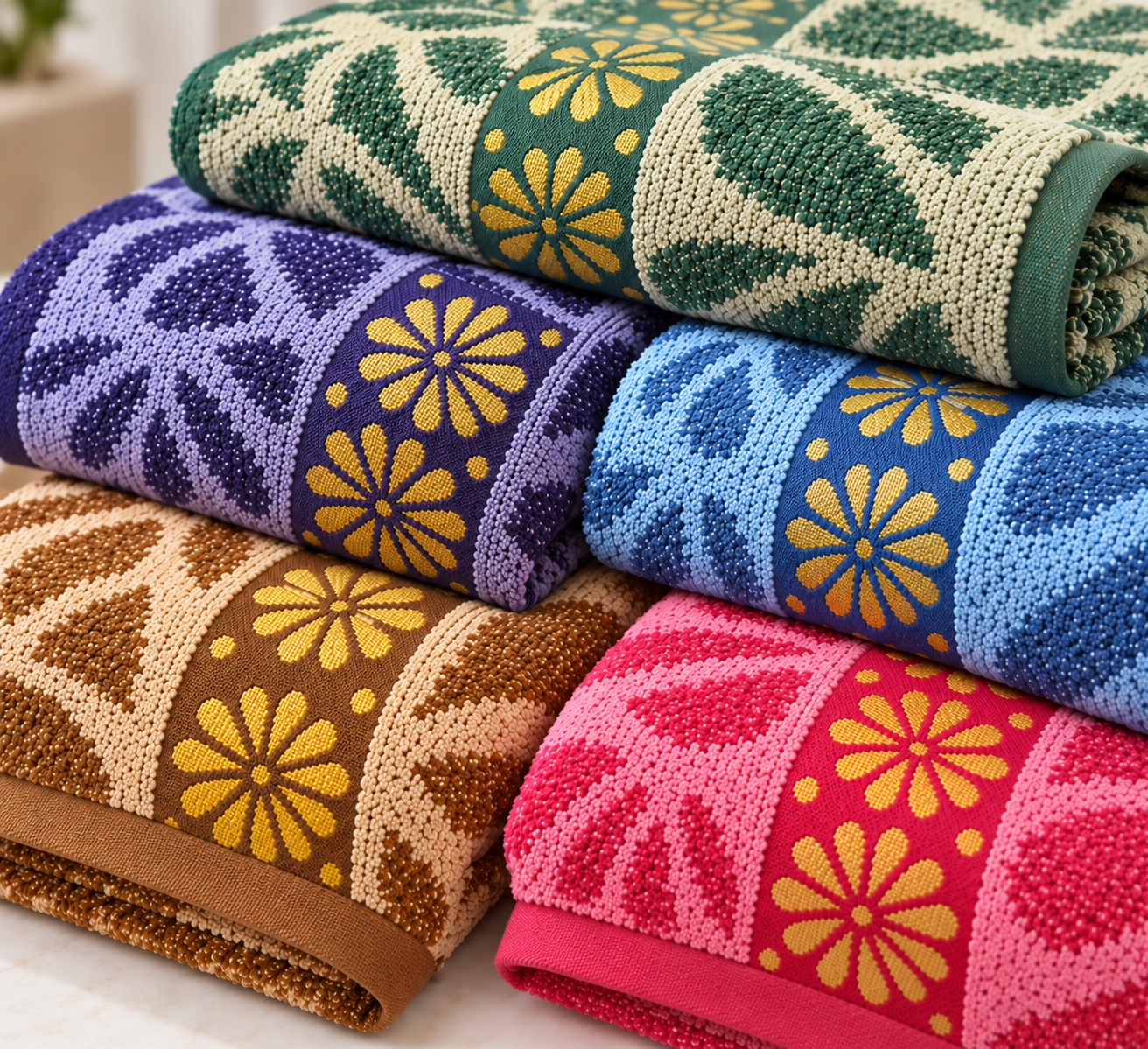 Detalhe da estampa floral e bordado dourado das toalhas